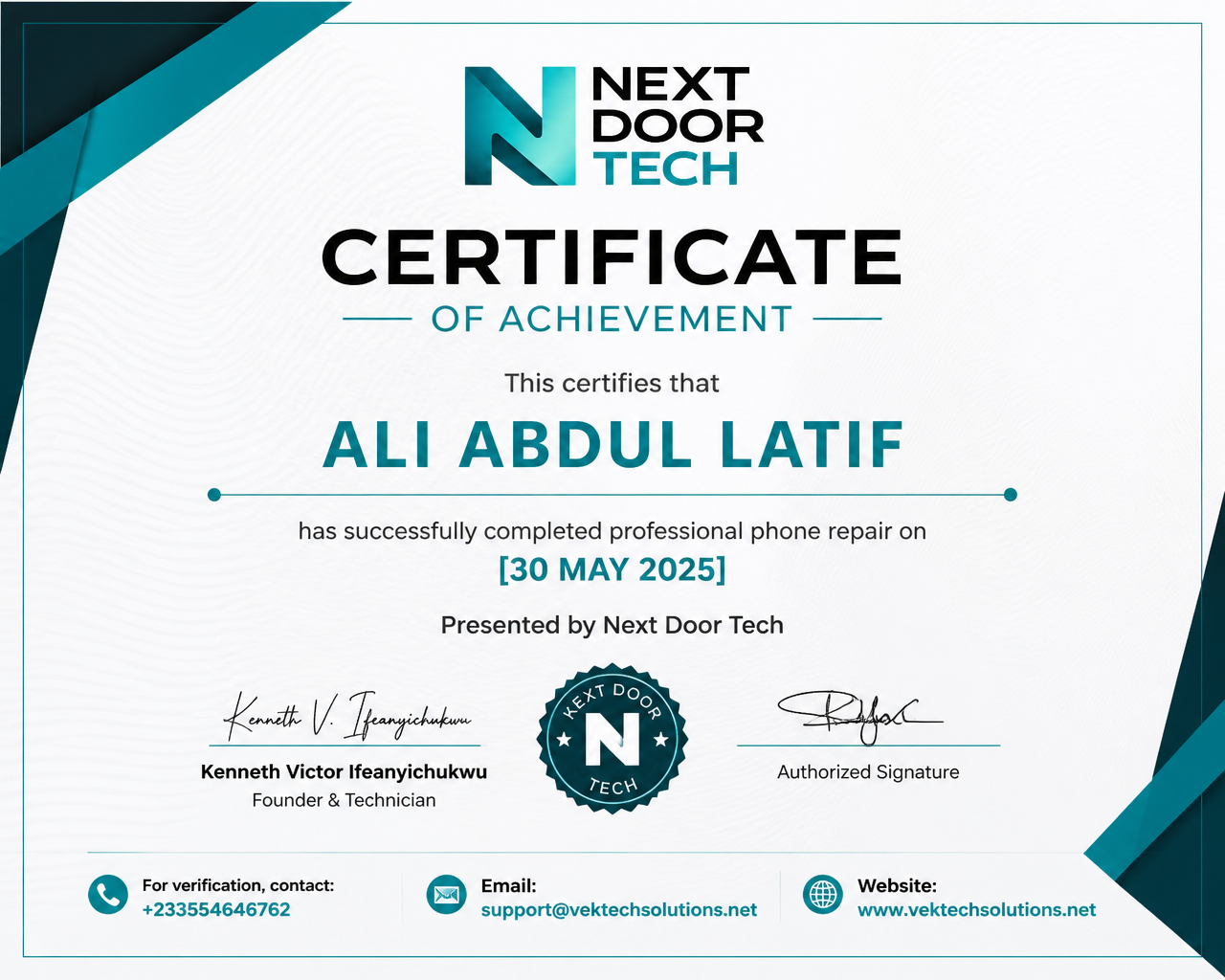 Certificate of Achievement — Professional Phone Repair awarded to Ali Abdul Latif by Next Door Tech, 30 May 2025